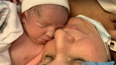 Mother and baby bond after a home birth.